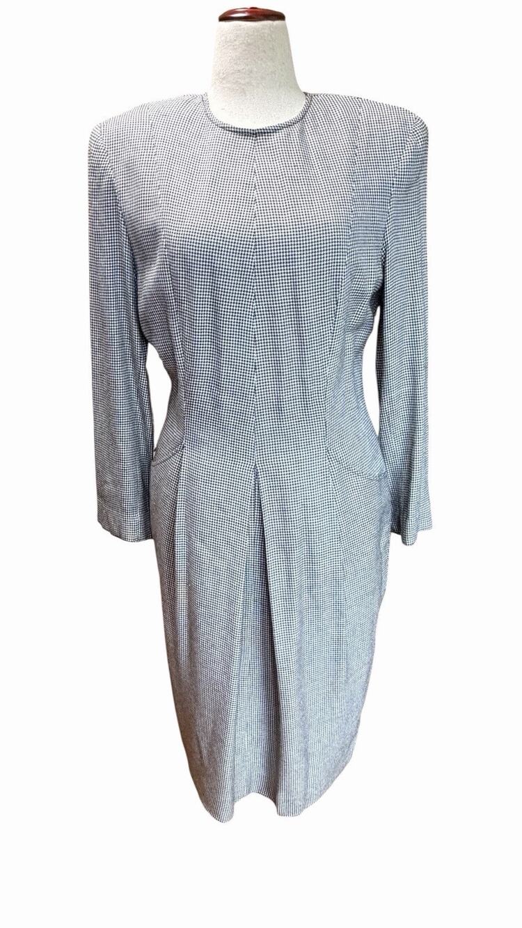 VINTAGE Liz Claiborne Wool Blend Black White Long Sleeve Houndstooth Dress 14